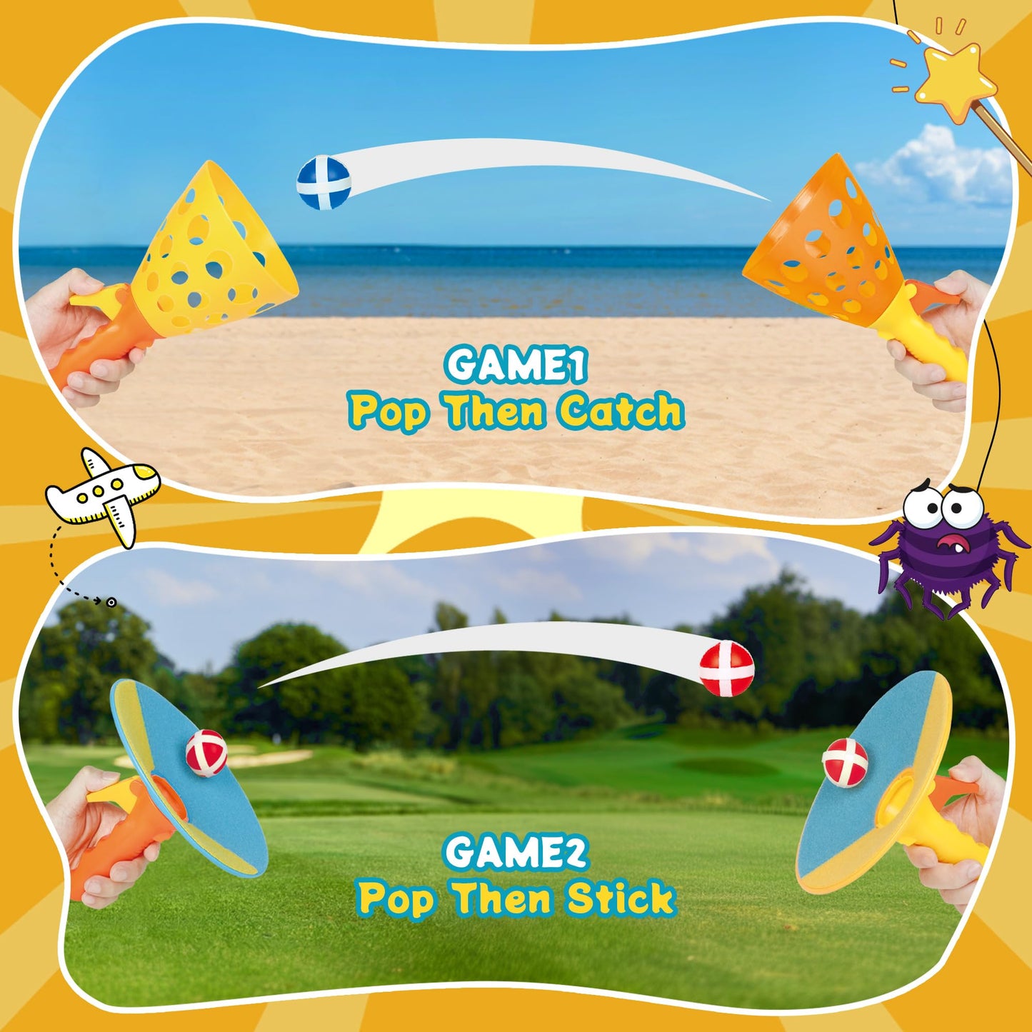 JOY SPOT! Spider Web Target Pop Pass Catch Ball Game - Outdoor Toys for Kids with 4 Launchers, 12 Sticky Balls & Mesh Bag, Fun Indoor Outdoor Toss & Catch Toy Gifts for Boys Girls Ages 3 4 5 6 7 8+
