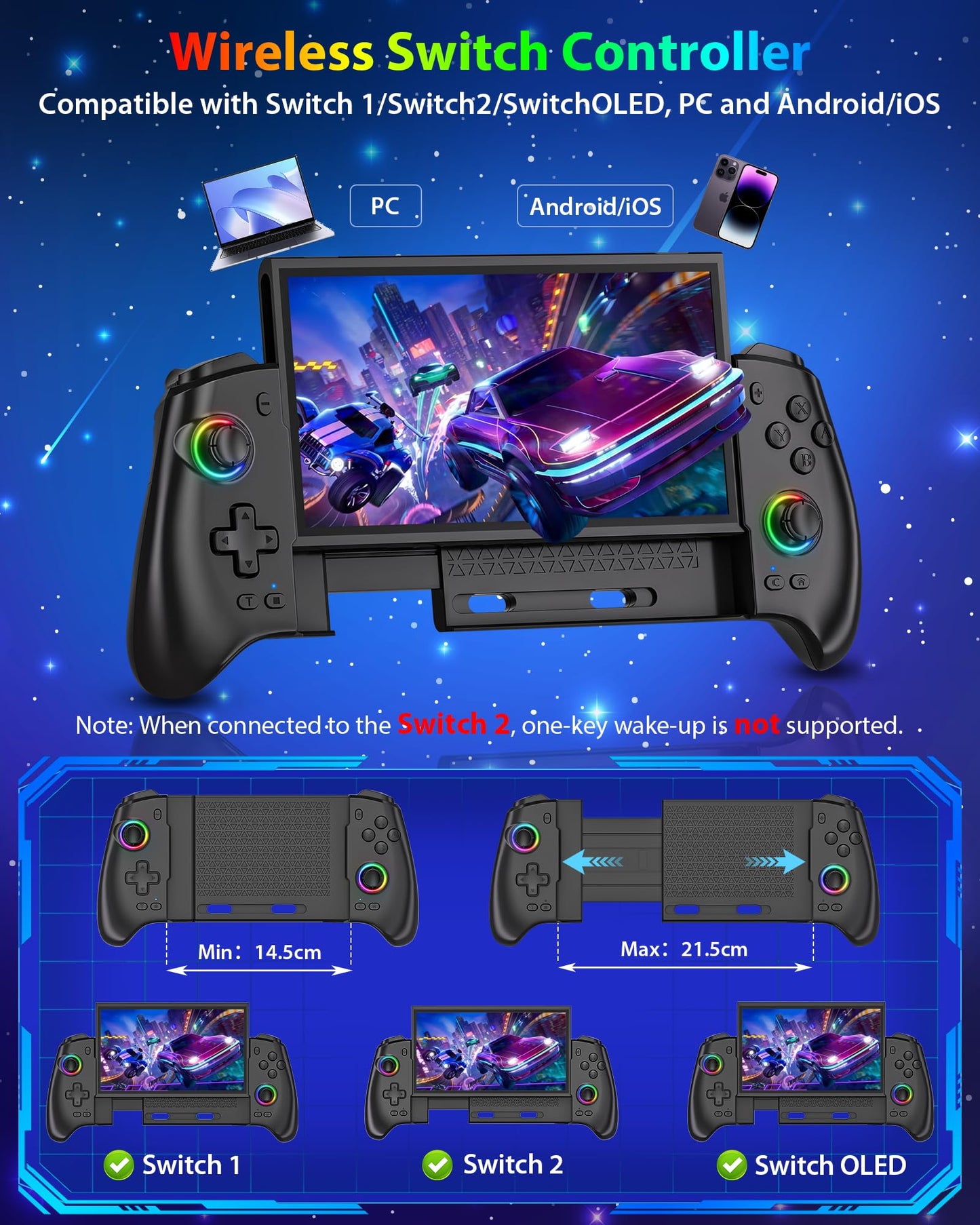 ZRZLMVP wireless Switch Pro controller with RGB lights, stretchable design, Hall effect joysticks, programmable features, and vibration.