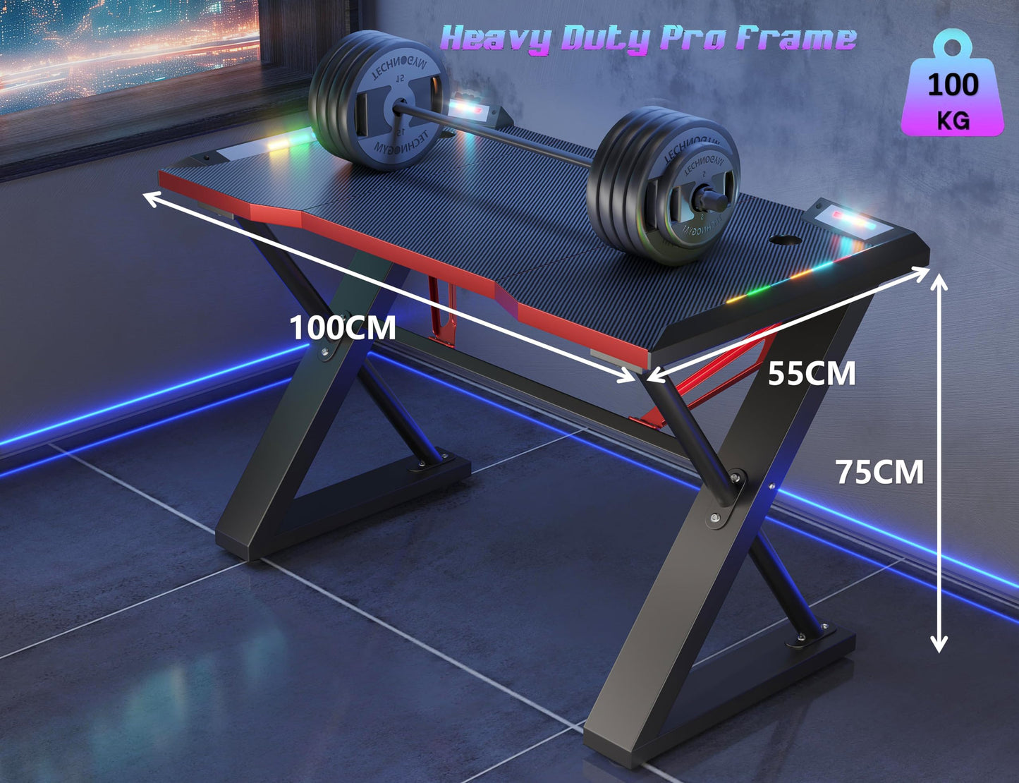 Xyphren 100 * 55 cm Gaming Desk with LED Lights, Gaming Table Thickened Z Shaped, Gamer Desk with Carbon Fiber Coated, Gaming PC Desk, Computer Desk Easy to Assemble, Carbon Fiber Black