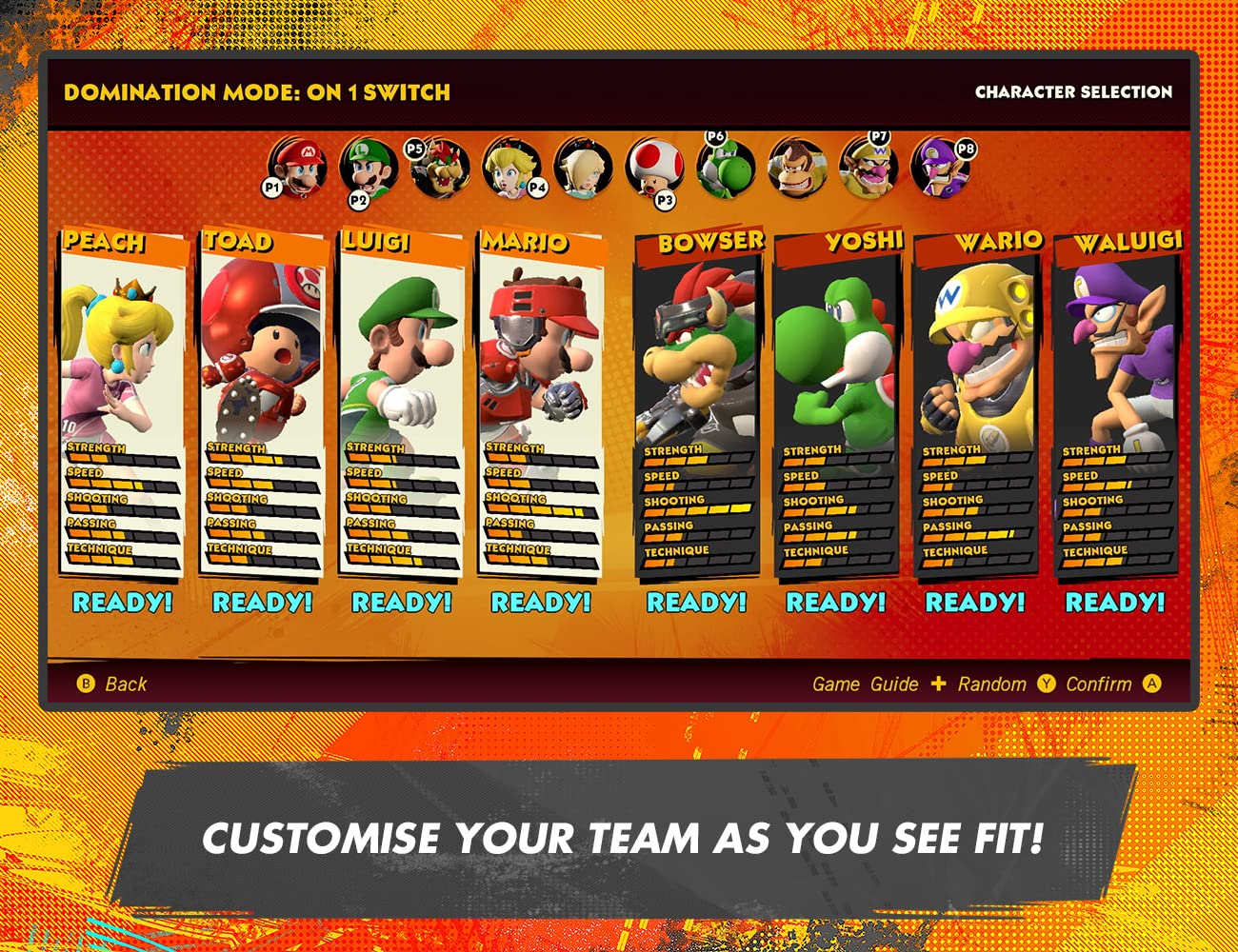 Nintendo Mario Strikers Battle League football game for Nintendo Switch, featuring colorful game cover art with Mario and characters.