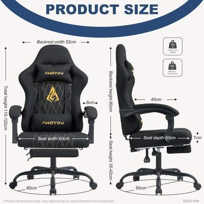 Andyou gaming chair with adjustable footrest, lumbar support, swivel design, PU leather, ergonomic computer chair for adults