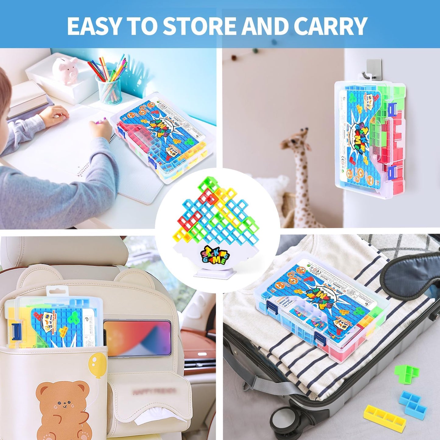 DUHLnote 48-piece stack game for kids and adults, colorful tetra tower balancing game for family travel and party fun.