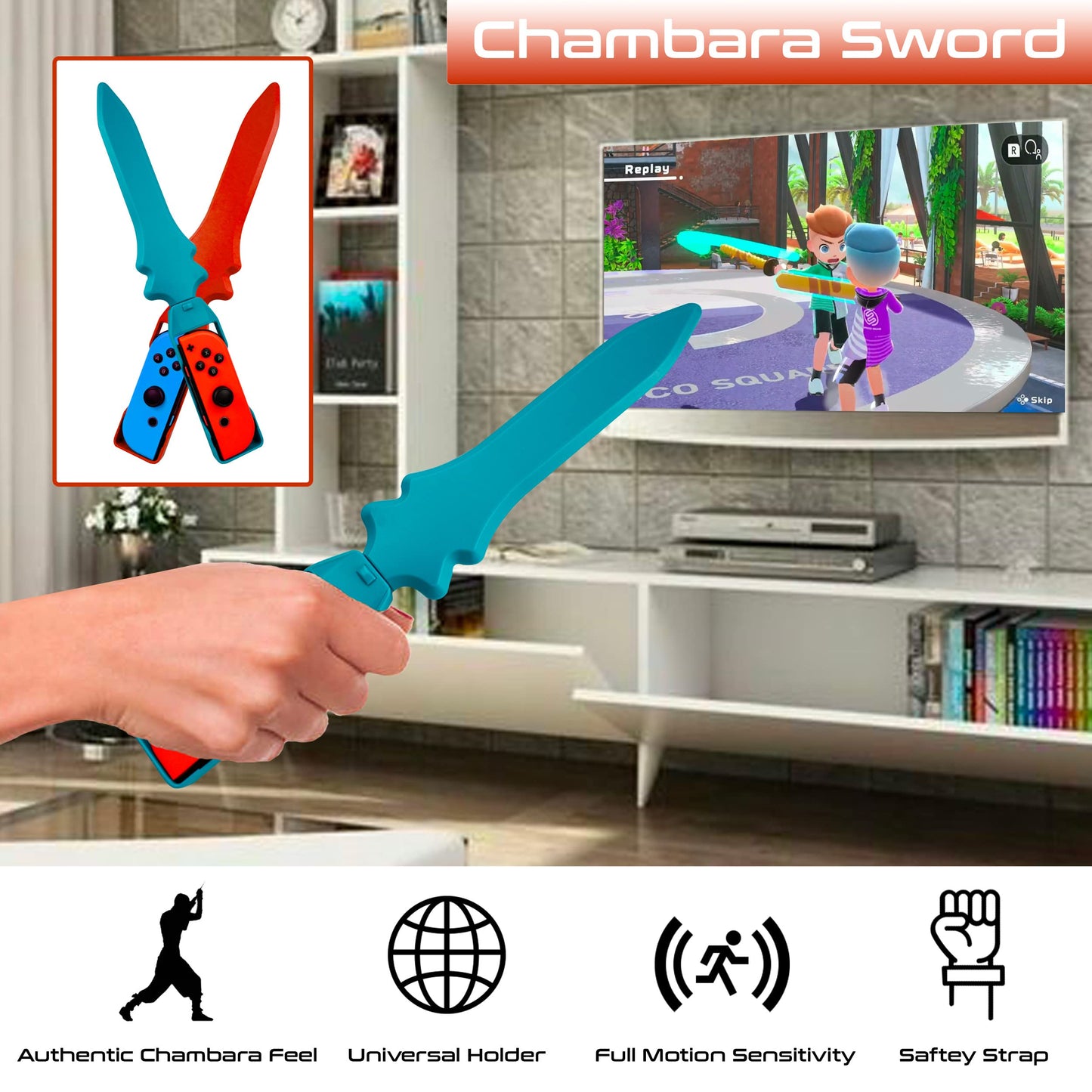 Orzly Switch Sports Games 2024 accessories bundle with tennis rackets, golf clubs, chambara swords, soccer leg straps, and Joycon grips