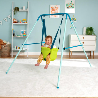 TP Toys foldaway baby swing with powder-coated metal frame, non-slip feet, and compact design for indoor and outdoor use.