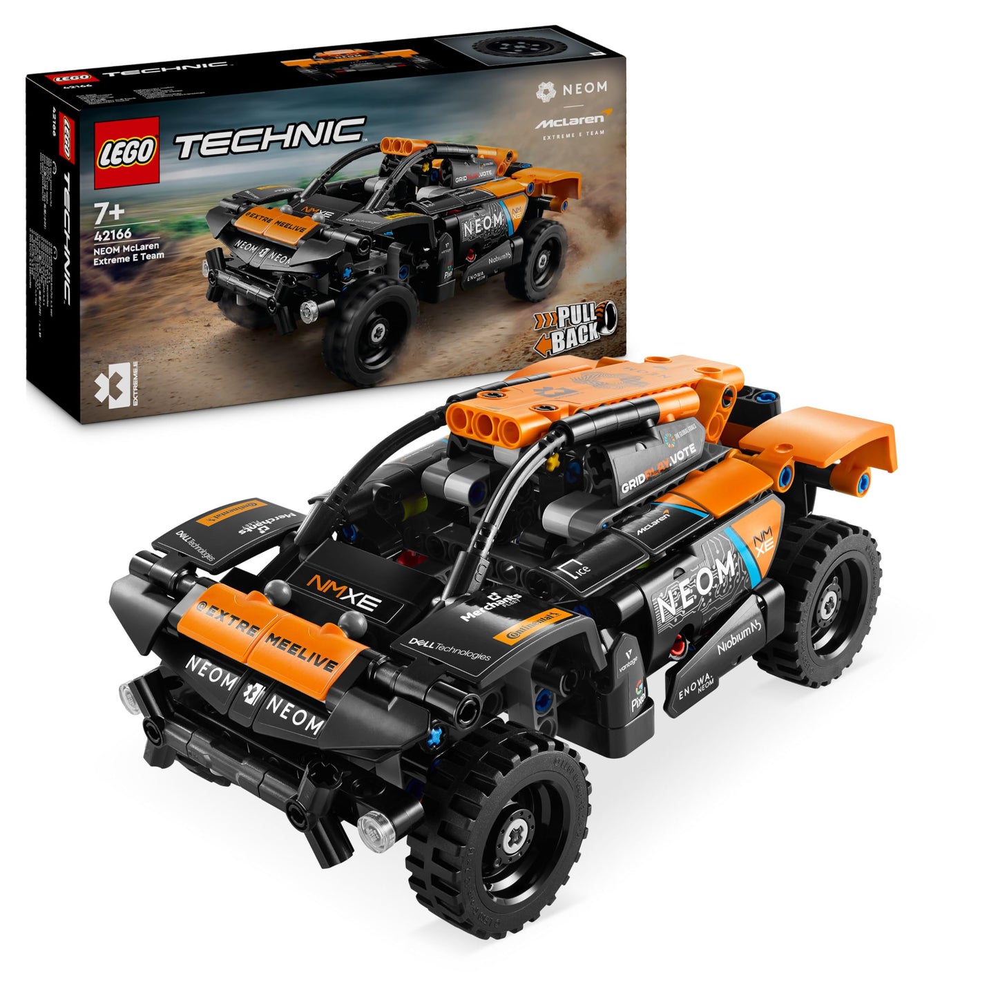 LEGO Technic NEOM McLaren Extreme E race car toy set with off-road design, ideal for kids aged 7 and up.