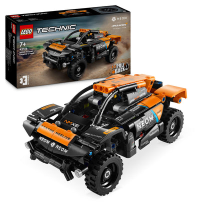 LEGO Technic NEOM McLaren Extreme E race car toy set with off-road design, ideal for kids aged 7 and up.