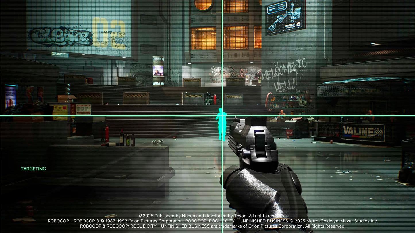RoboCop: Rogue City Unfinished Business PS5 game case with artwork featuring RoboCop in a futuristic city scene.