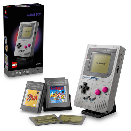 LEGO Super Mario Game Boy building set with Zelda cartridges and lenticular screens, displayed for adult fans.