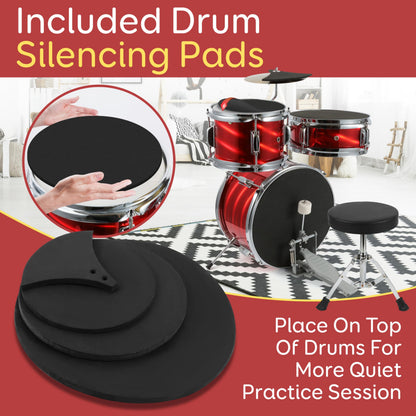 Pyle kids drum kit with wooden shells, bass pedal, snare, tom, cymbal, adjustable seat, and lightweight drumsticks for children aged 5-7.