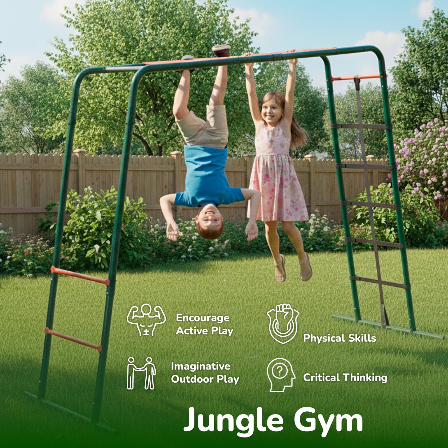 Plum Play Metal Monkey Bars Climbing Frame with Stippled Powder Coating for Extra Grip and Support - Cargo Climbing Net - Max user weight 50kg - Up to 3 users at a time - Min age from 3 years Plus