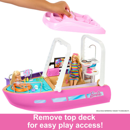 Barbie Dream Boat playset featuring a pool, slide, dolphin, and over 20 accessories for imaginative play.