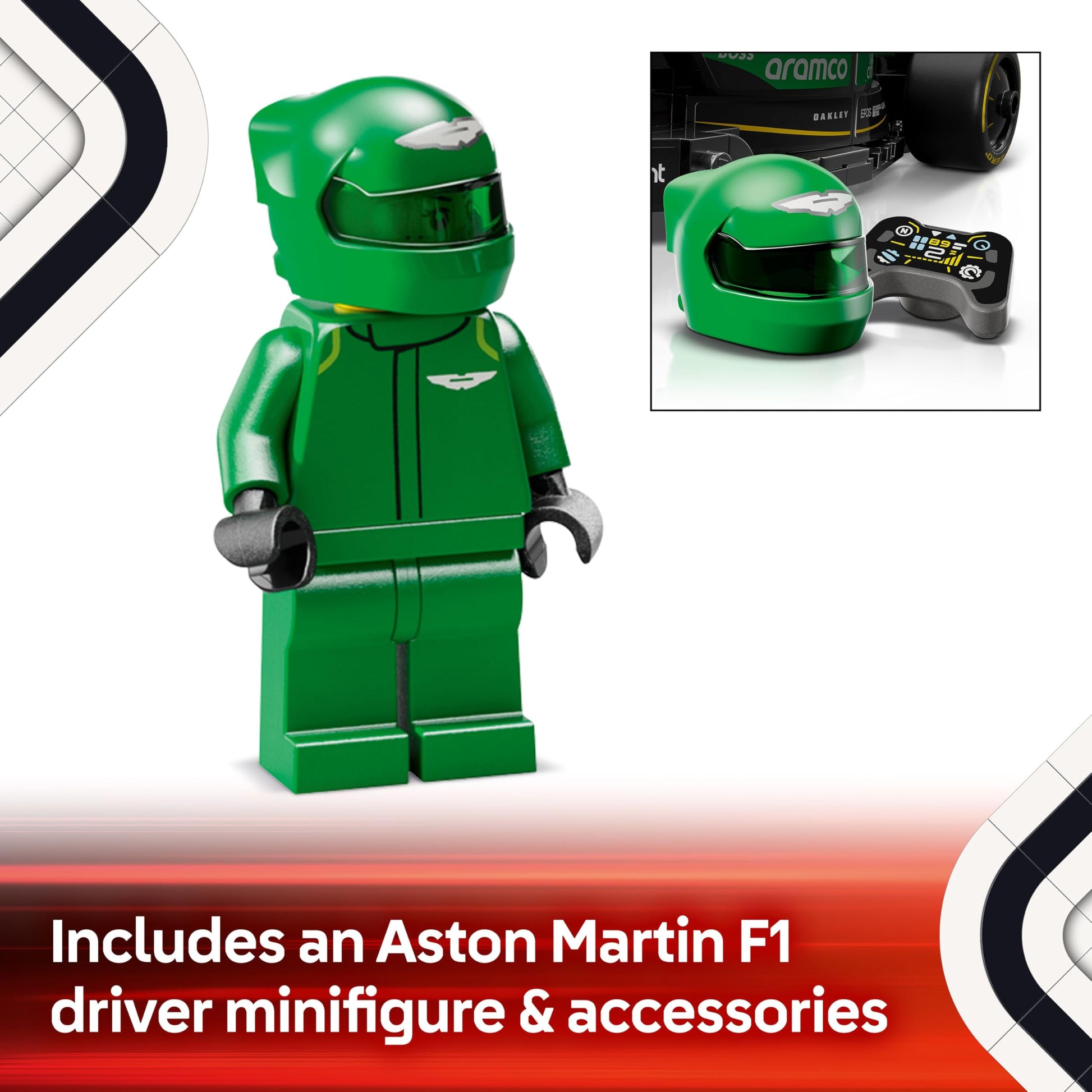 LEGO Speed Champions Aston Martin F1 AMR24 race car model kit with collectible minifigure, suitable for ages 10 and up.
