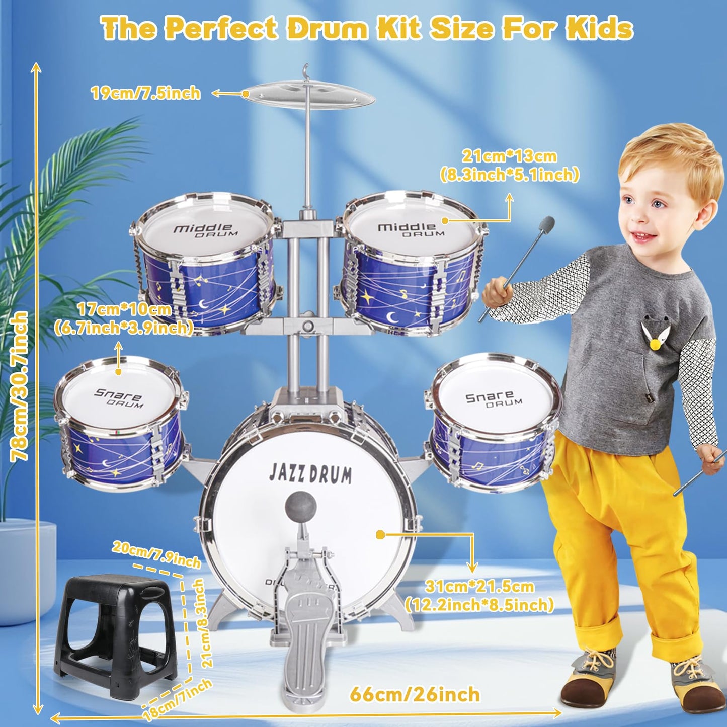 Noaideoi kids drum kit for toddlers, all plastic jazz drum set with cymbals and drum pads, suitable for ages 3-6, musical toy for boys and girls.