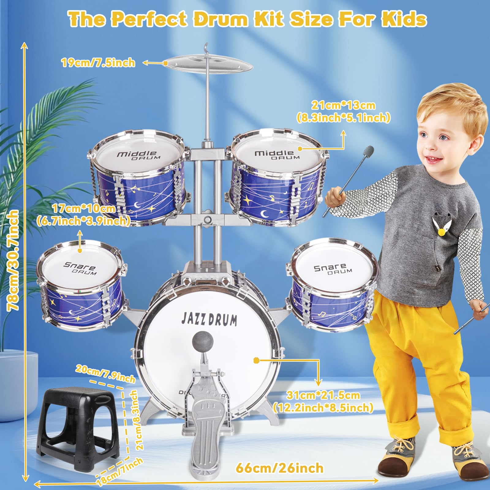 Noaideoi kids drum kit for toddlers, all plastic jazz drum set with cymbals and drum pads, suitable for ages 3-6, musical toy for boys and girls.