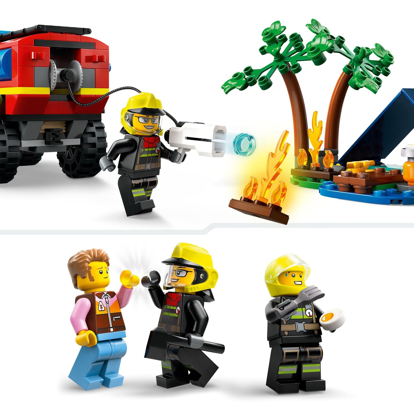 LEGO City 4x4 Fire Engine set featuring a dinghy, trailer, tent, camper, and two firefighter minifigures for imaginative play.