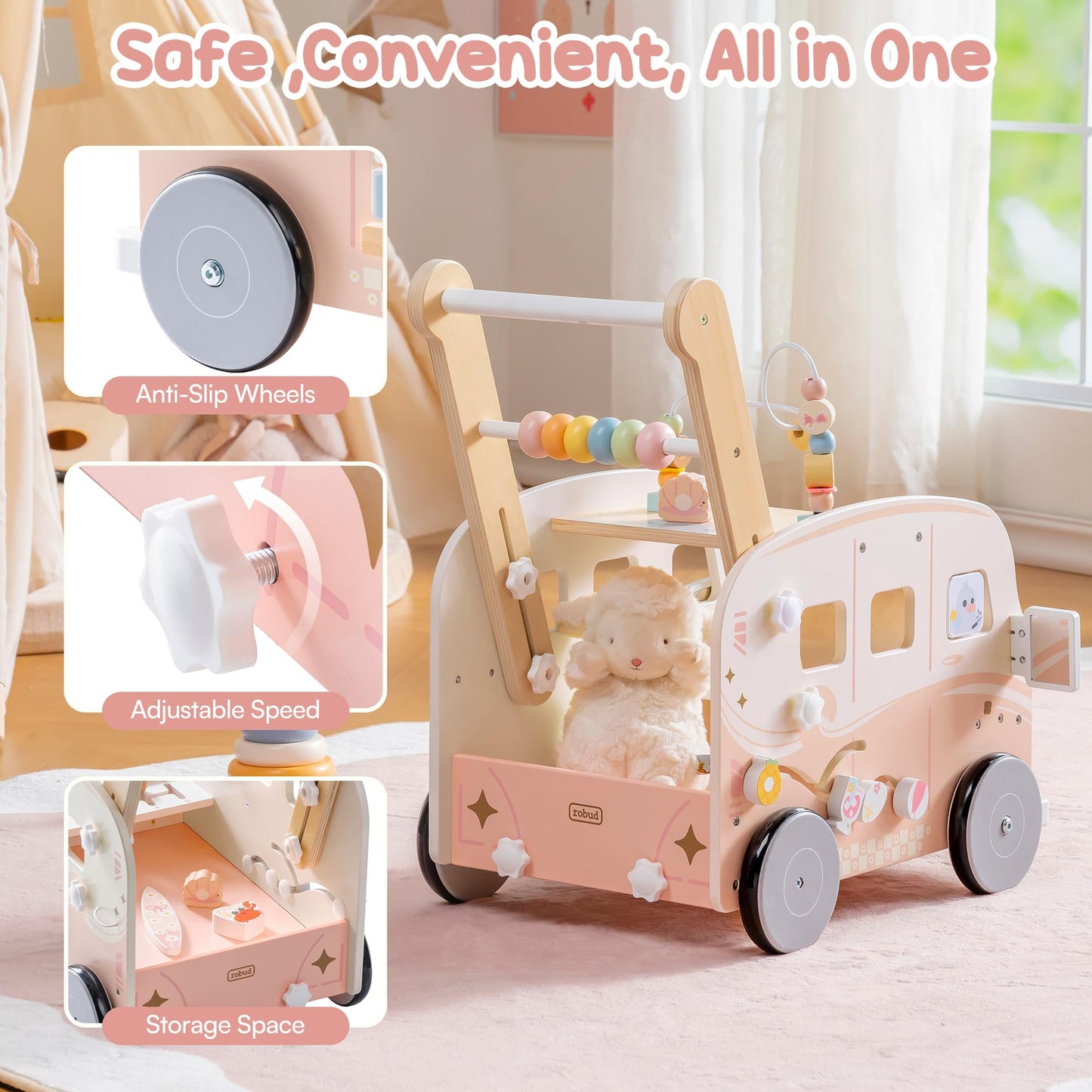 Robud wooden baby walker with tropical beach bus design, adjustable height and speed, educational push toy for toddlers 10 months to 2 years