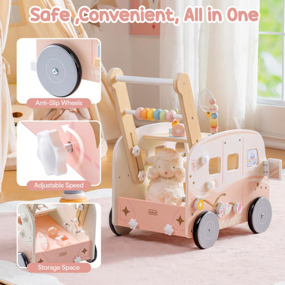 Robud wooden baby walker with tropical beach bus design, adjustable height and speed, educational push toy for toddlers 10 months to 2 years
