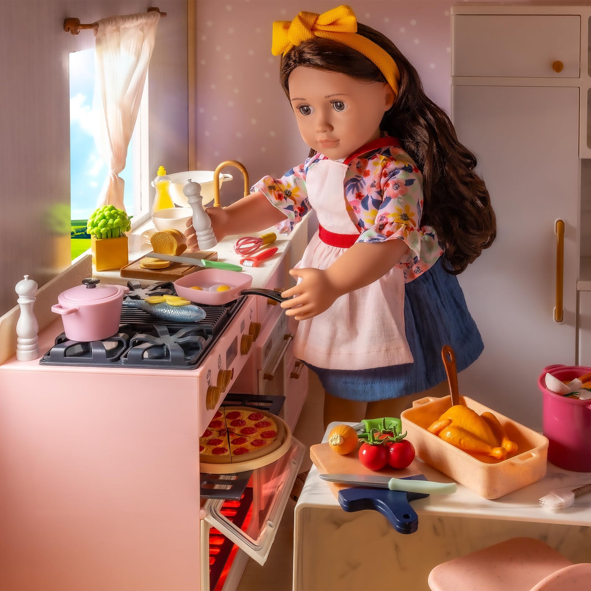 Our Generation 25-pc double oven kitchen playset for 18-inch dolls with realistic cooking sounds and accessories.