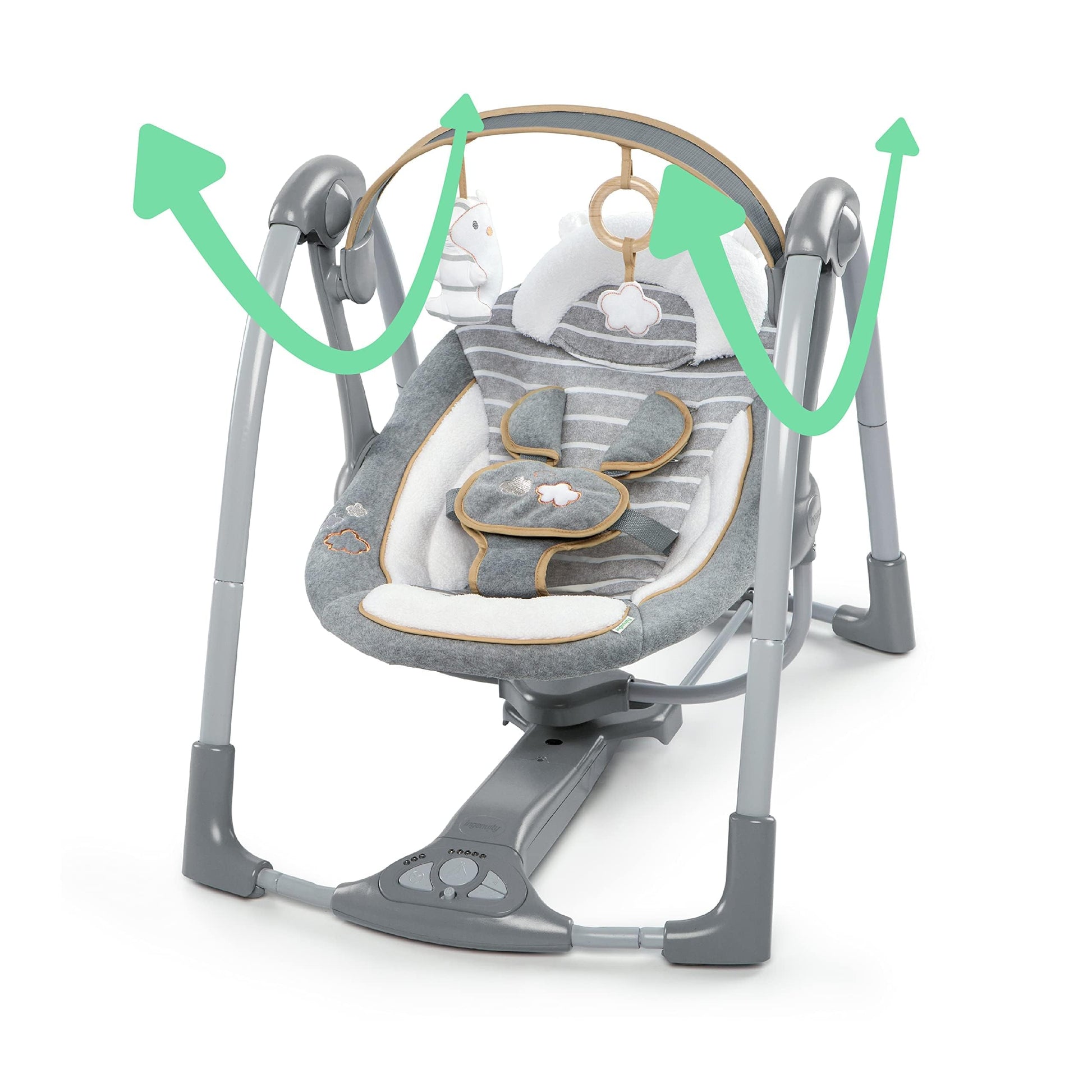 Ingenuity Swing 'n Go Deluxe baby swing with cushioned harness, plush toys, sounds, foldable design, suitable for 0-9 months, 6-20 lbs