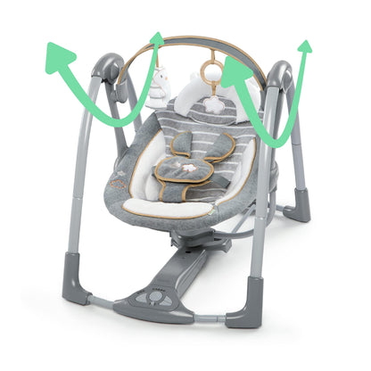 Ingenuity Swing 'n Go Deluxe baby swing with cushioned harness, plush toys, sounds, foldable design, suitable for 0-9 months, 6-20 lbs
