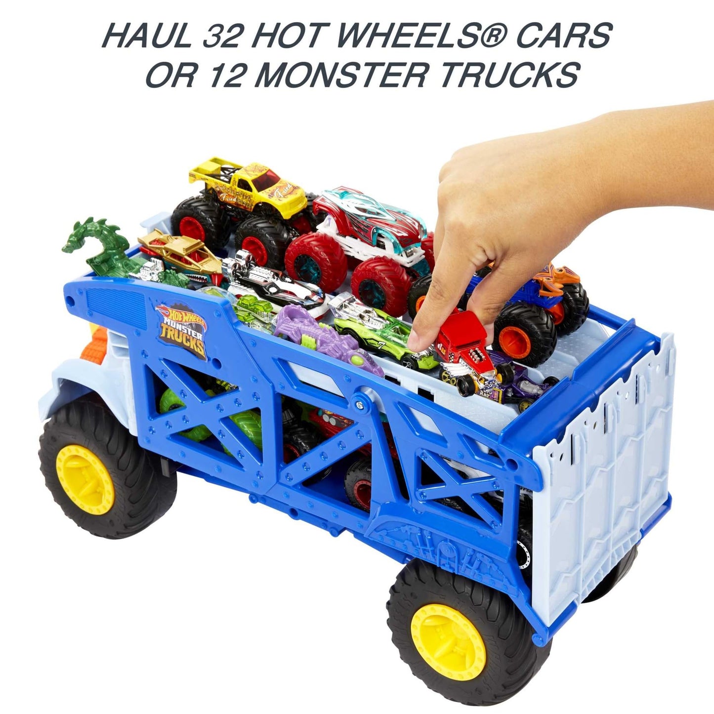 Hot Wheels Monster Trucks Toy Hauler, Oversized Truck Carries & Stores 12 1:64 Scale Monster Trucks or 32 Cars, Monster Mover Rhino, HFB13
