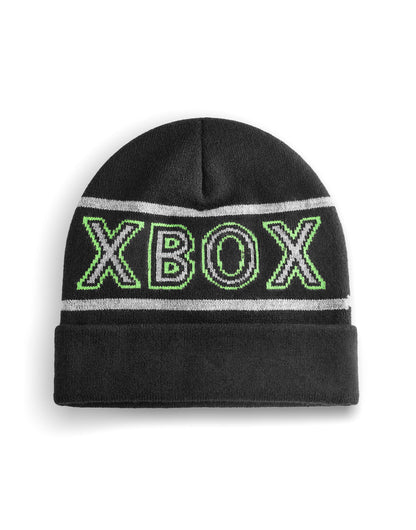 Black Xbox boys beanie hat with embroidered icon, knitted winter cuffed hat for kids, warm and comfortable for gamers.