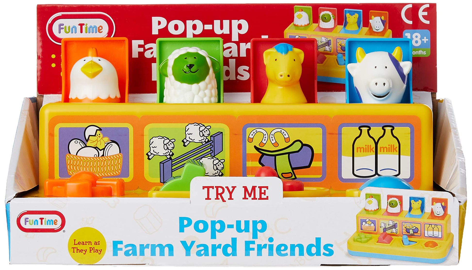Yellow Fun Time Pop Up Farmyard Friends toy featuring colorful animal characters in a playful design.