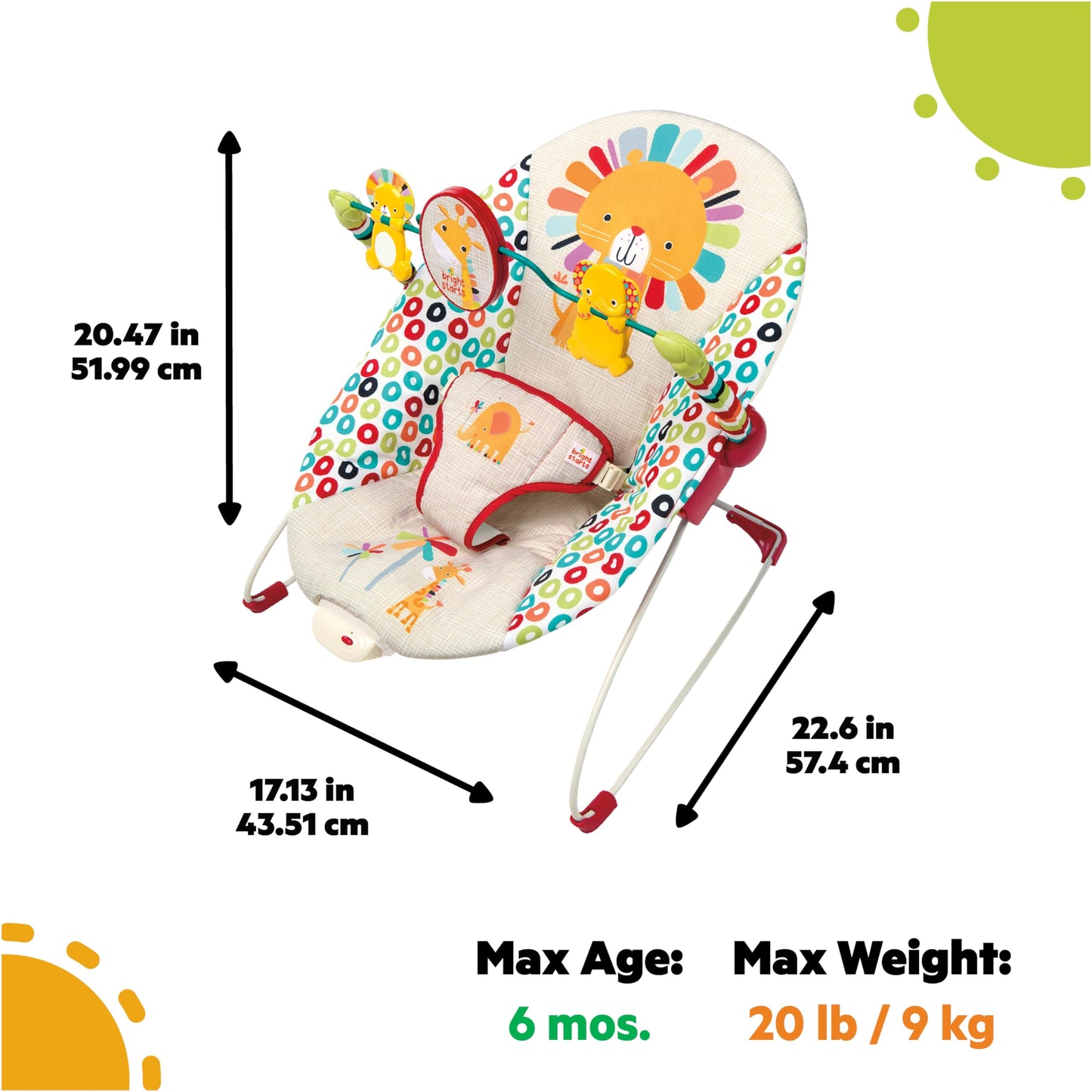 Bright Starts Playful Pinwheels Bouncer with colorful fabric and adjustable harness for baby comfort and entertainment.