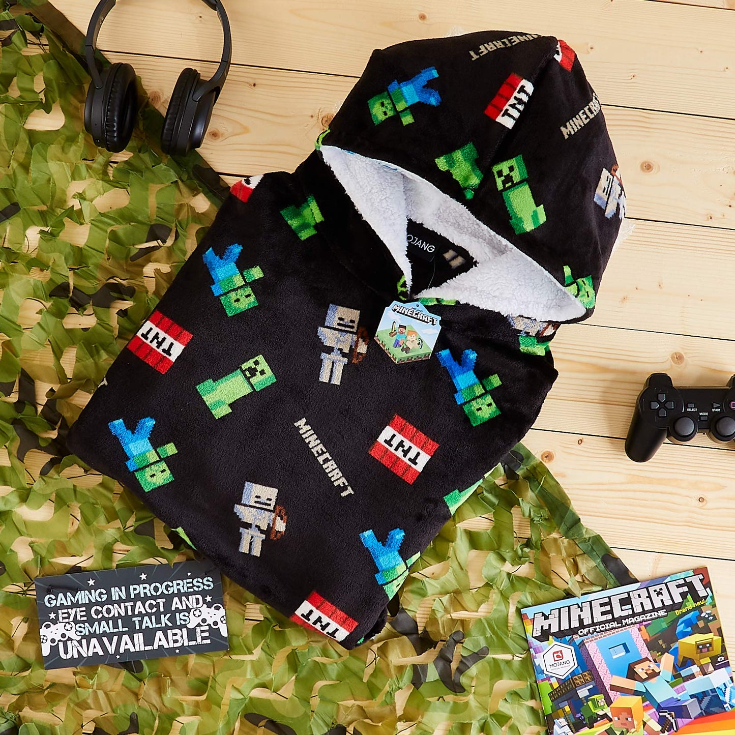 Minecraft Hoodie Blanket Boys Teens, Creeper Wearable Blanket Hooded Loungewear, Oversized Fleece Poncho, Gamer Gifts for Boys (Black)