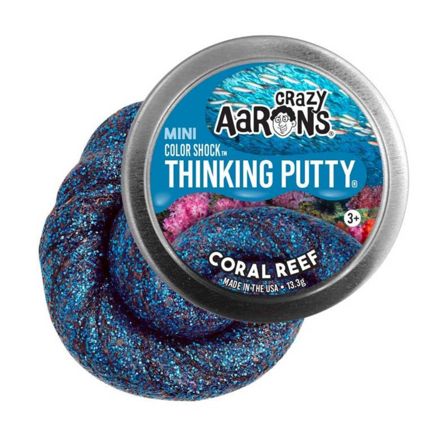 Mini tin of Crazy Aaron's Coral Reef Putty, vibrant orange and coral-colored stress relief and sensory fidget toy.