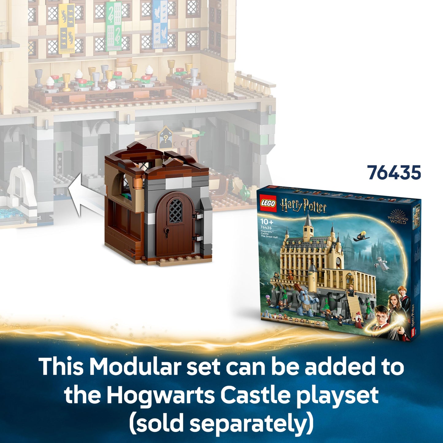 LEGO Harry Potter Hogwarts Castle Charms Class set with Hermione Granger and Ron Weasley minifigures and levitation feature.