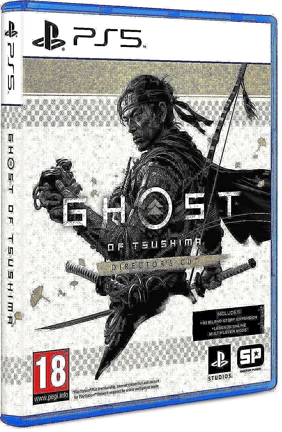 PlayStation Ghost of Tsushima Director's Cut game for PS5, featuring cover art with samurai warrior and scenic Japanese landscape.