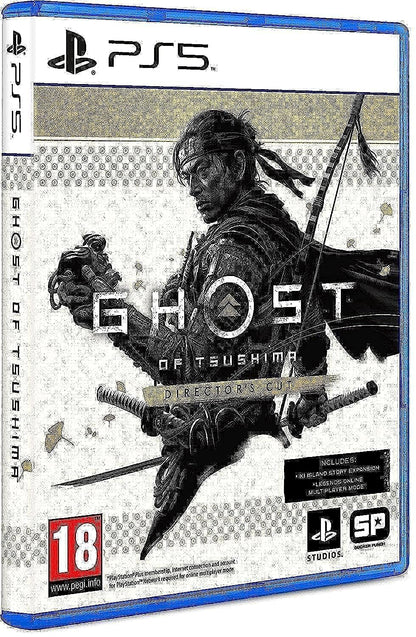 PlayStation Ghost of Tsushima Director's Cut game for PS5, featuring cover art with samurai warrior and scenic Japanese landscape.