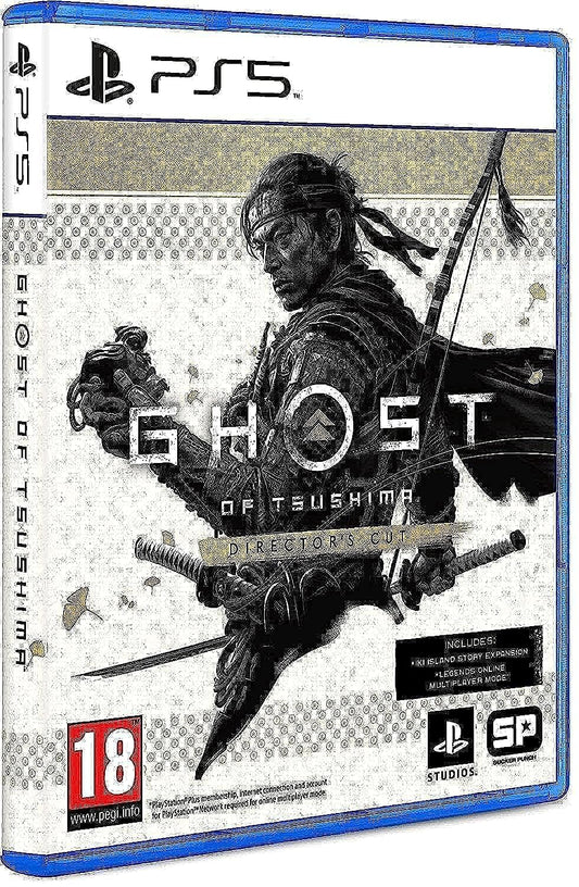 PlayStation Ghost of Tsushima Director's Cut game for PS5, featuring cover art with samurai warrior and scenic Japanese landscape.