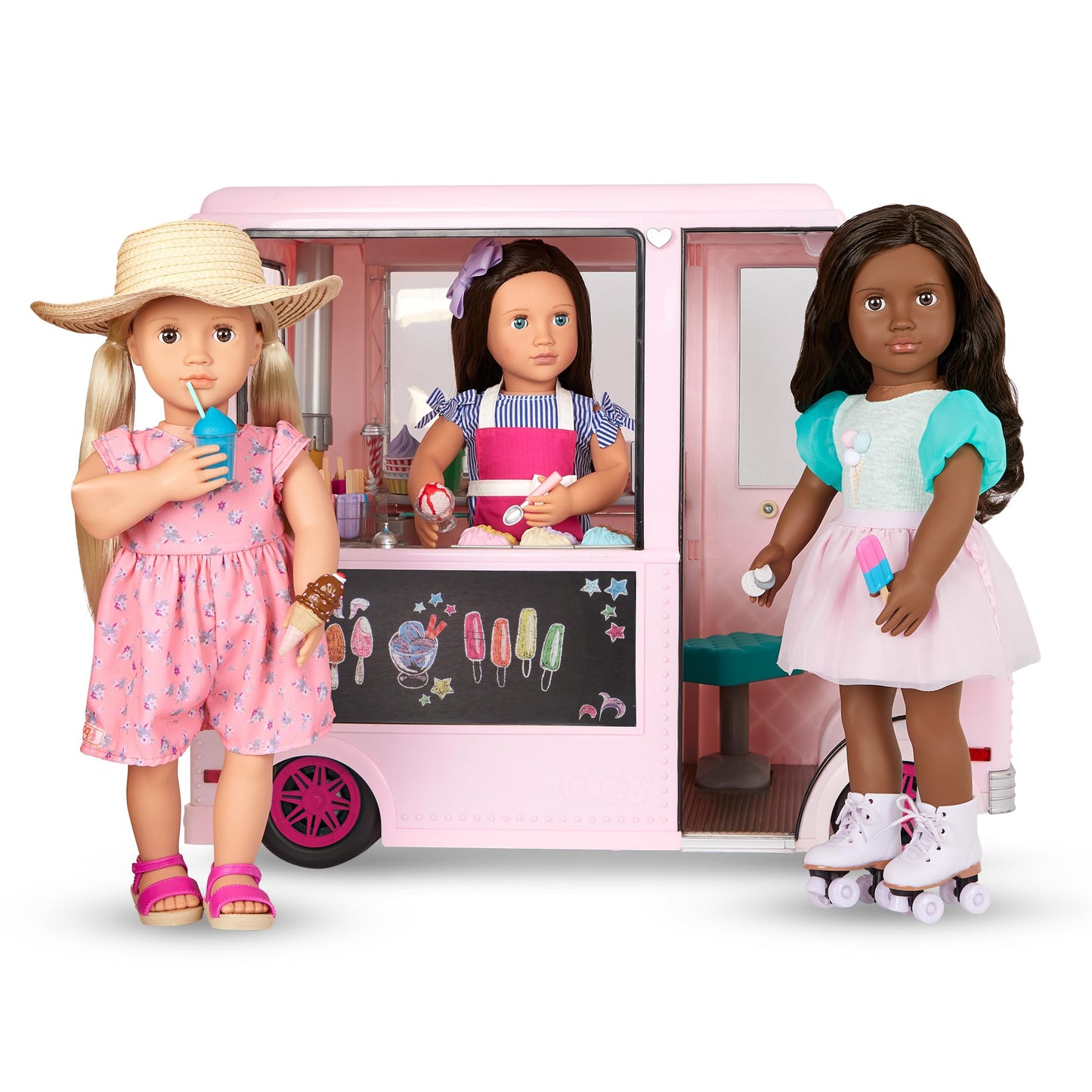 Our Generation pink ice cream truck playset with 129 accessories for 18-inch girl dolls in a vibrant outdoor scene.