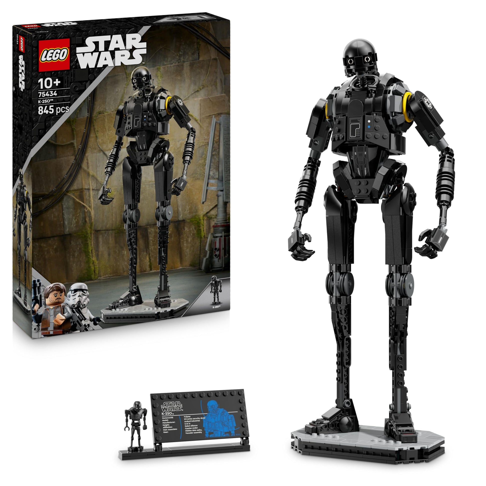LEGO Star Wars 75434 K-2SO Security Droid figure, posable with an information plaque, perfect for display and play.