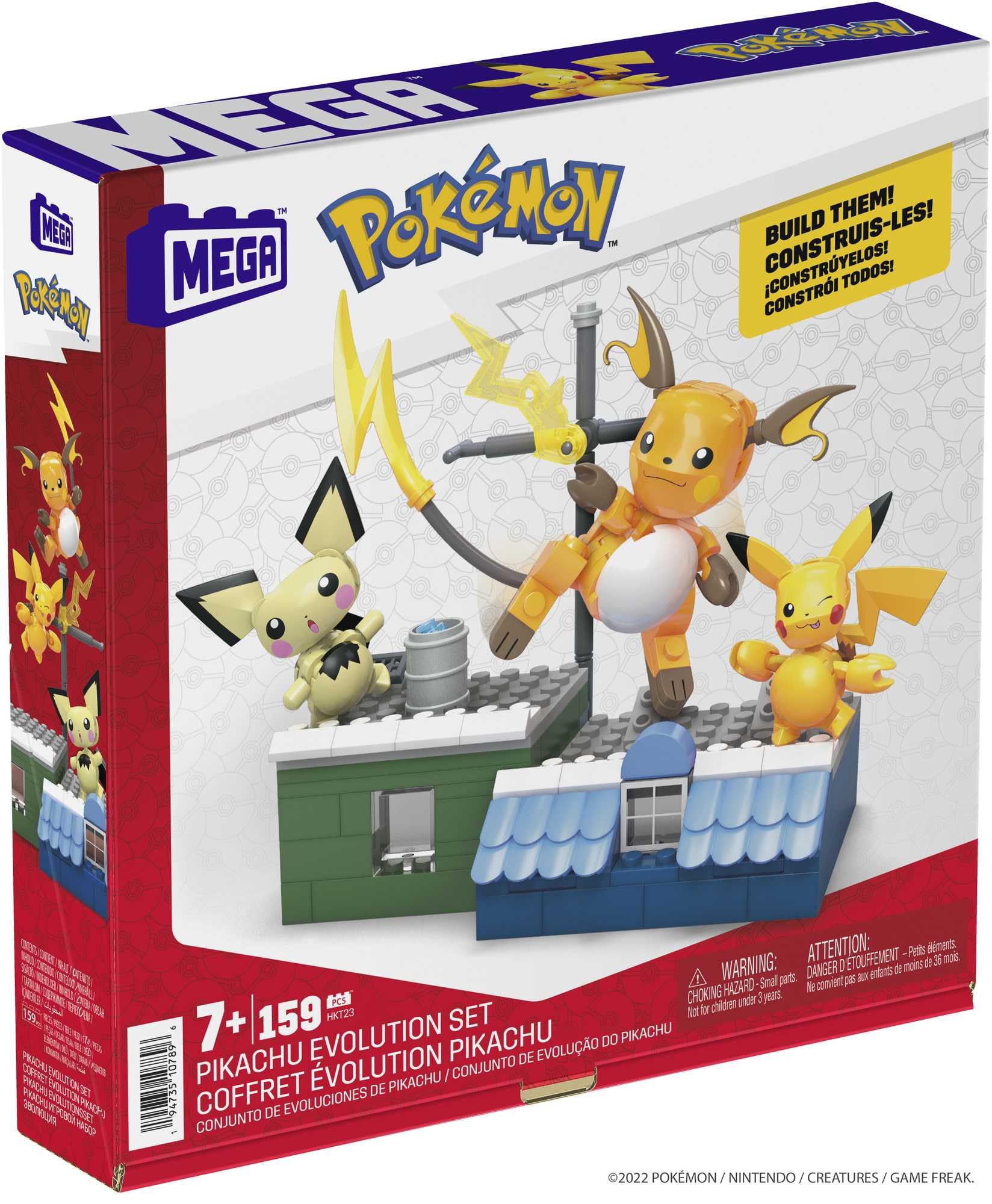Pikachu Evolution Set featuring 3 poseable characters and 159 building pieces by Mega Brands, ideal for kids' play.