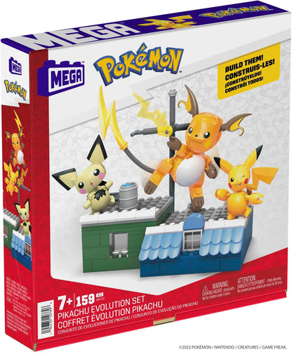 Pikachu Evolution Set featuring 3 poseable characters and 159 building pieces by Mega Brands, ideal for kids' play.