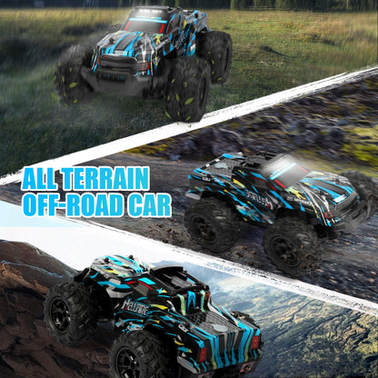 BAZADER 1:18 RC truck with LED lights, all-terrain tires, high-speed design, and spray feature for kids and adults.