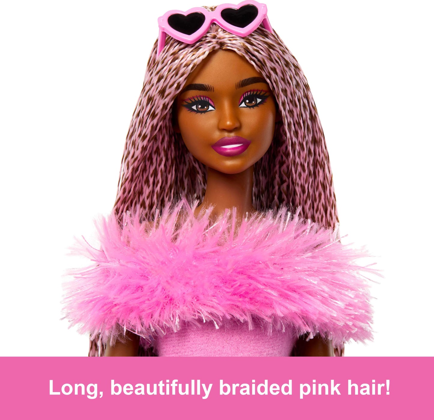 Barbie Deluxe Style Doll #4 in pink and brown braids, soft pink outfit with furry collar and fun accessories.