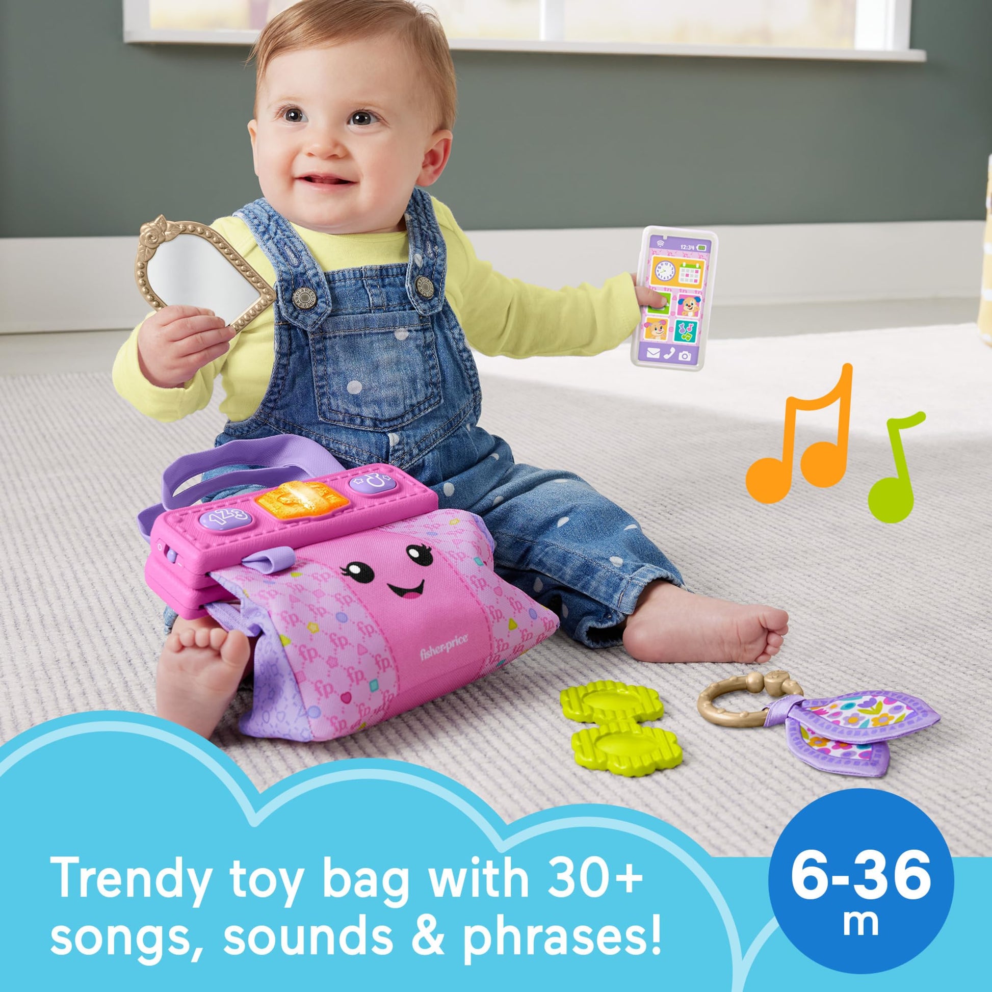Fisher-Price Laugh & Learn Purse toy with pretend travel accessories for infants and toddlers, ages 6 months and up.