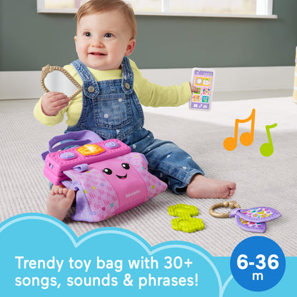 Fisher-Price Laugh & Learn Purse toy with pretend travel accessories for infants and toddlers, ages 6 months and up.