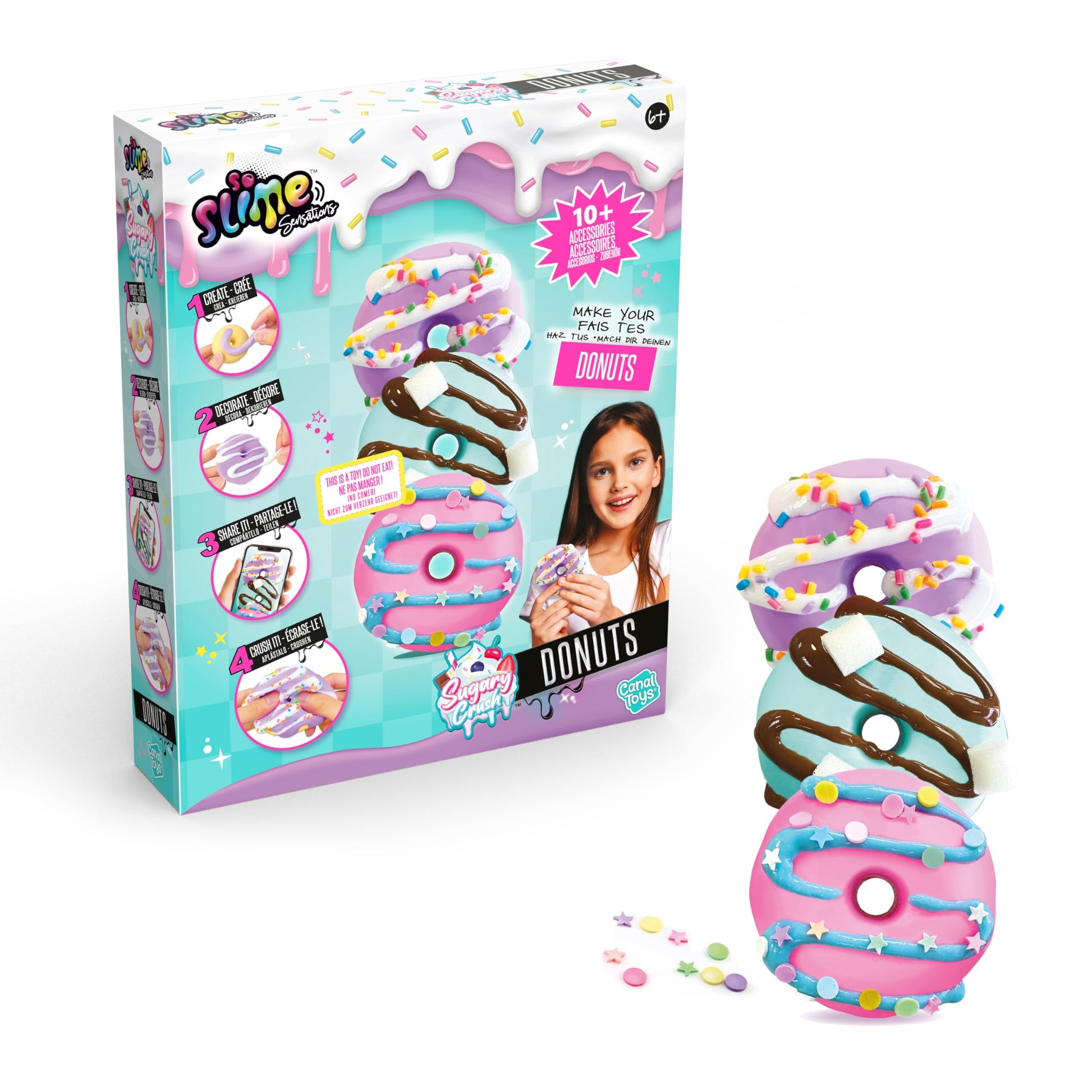 Vibrant red slime donuts from So Slime Sensations Sugary Crush Donuts kit, colorful and fun slime treat for kids ages 6 and up.