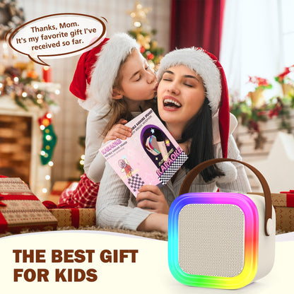 Koolcover Mini Karaoke Machine for kids and adults with portable Bluetooth speaker and two wireless microphones, beige color.