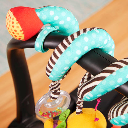 B. toys Wiggle Wrap for car seat, stroller, crib with spiral design and three hanging toys including rattle, plush bee, and teether.