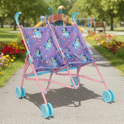 Bluey Buddy Buggy stroller for kids, lightweight double toy pram with umbrella fold, featuring Bluey print for children ages 2+