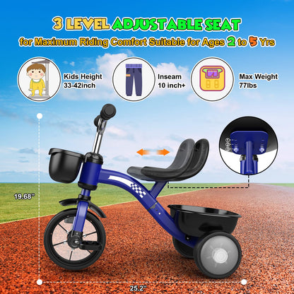 HappyGoLucky Tricycles Toys for 2-5 Year Old Boys Gifts, Kids Balance Bike 2-5 Year Old with 3 Colorful Lighting Wheels & Adjustable Seat, Baby Cycle Trikes Bike Boys Toys Age 2-5 Christmas Xmas Gifts