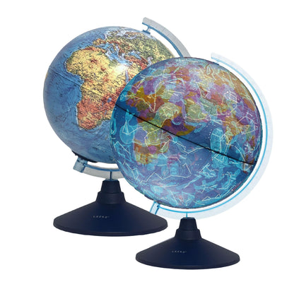 Exerz 21cm illuminated globe showing physical map with constellation stars, featuring a swiveling rotating design and light-up features.