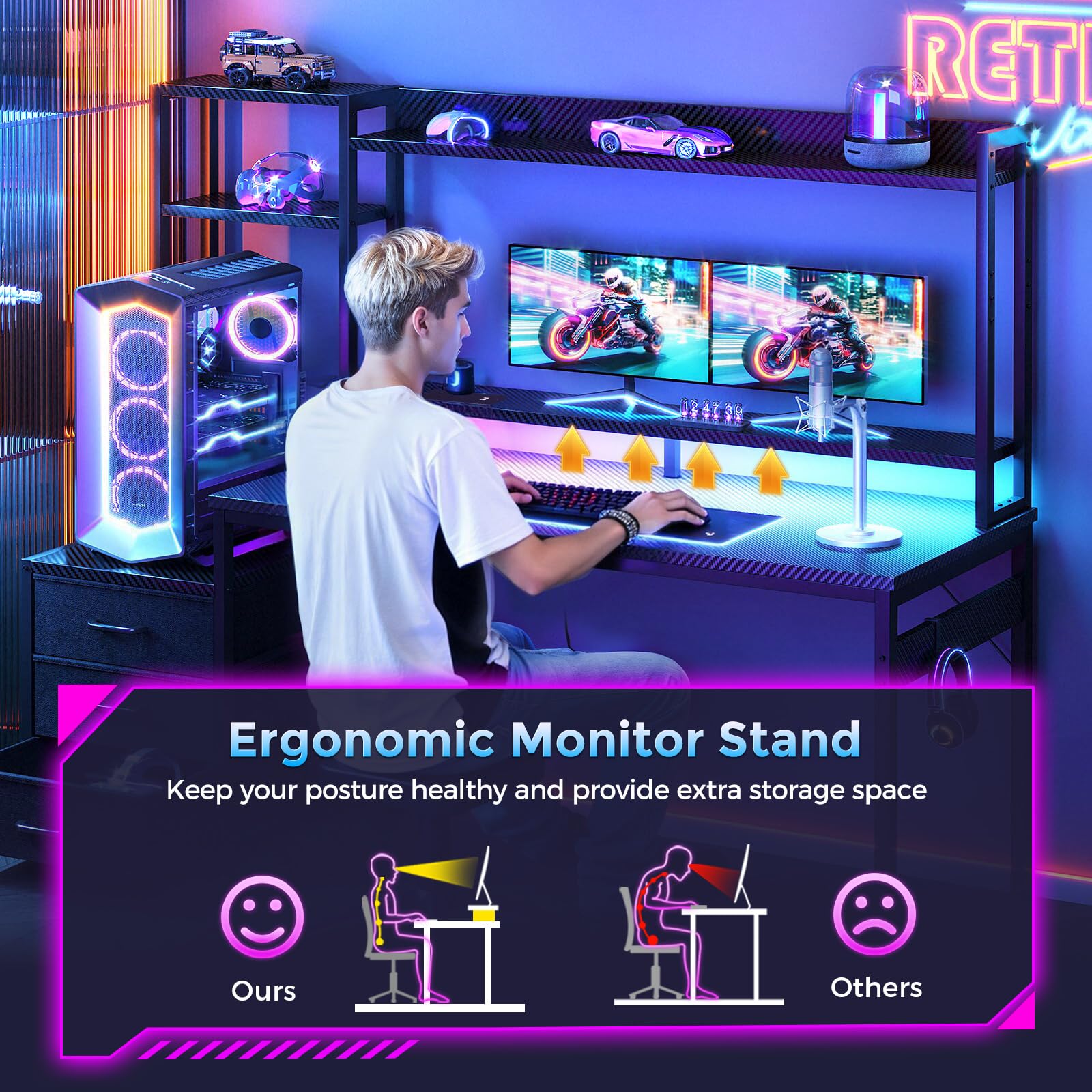 Coleshome gaming desk with drawers, display shelves, LED lights, sockets, monitor stand, in black carbon fiber finish.