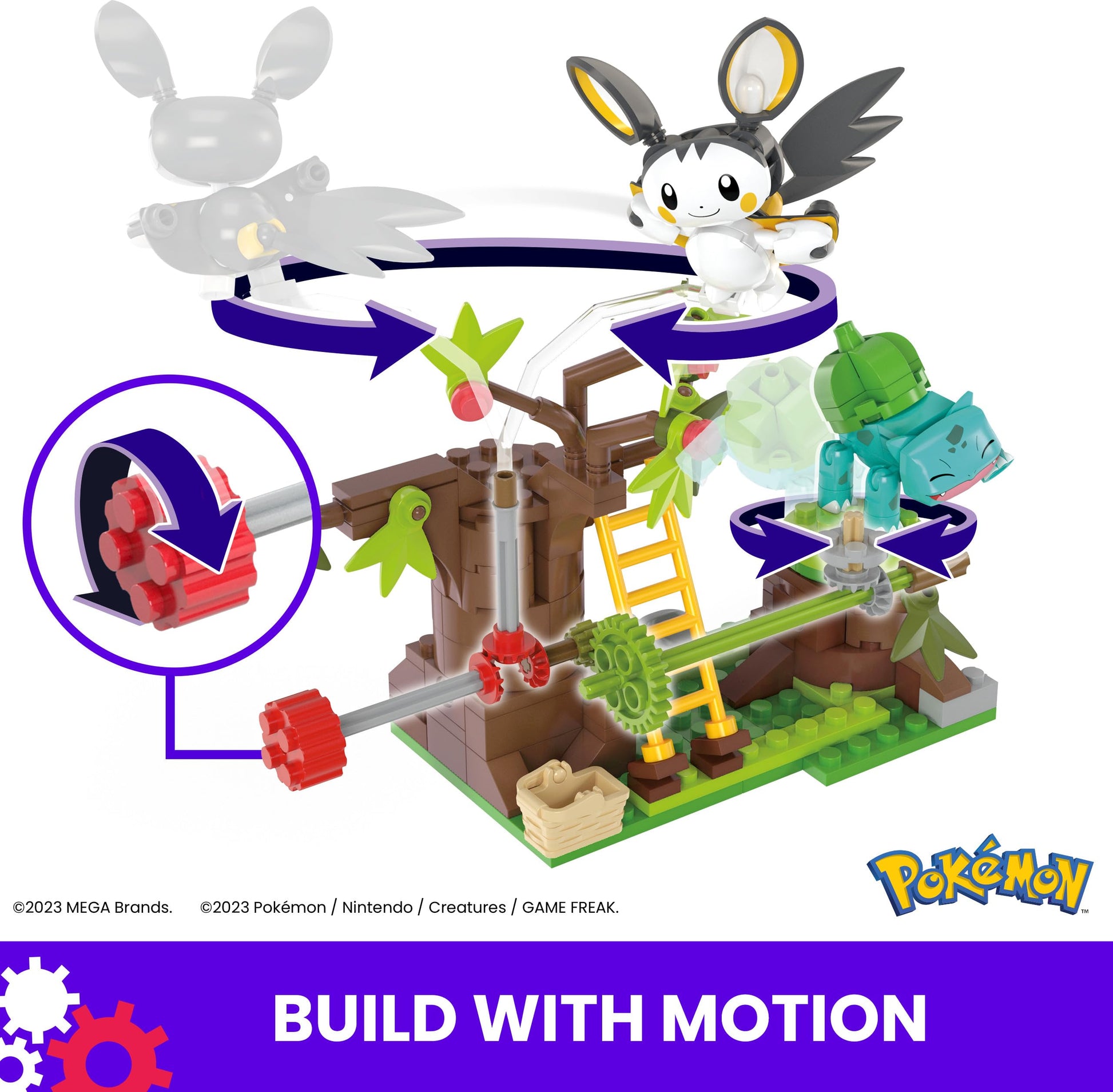 MEGA Pokémon building set featuring Emolga and Bulbasaur in a wooded scene with 194 pieces and two poseable characters.